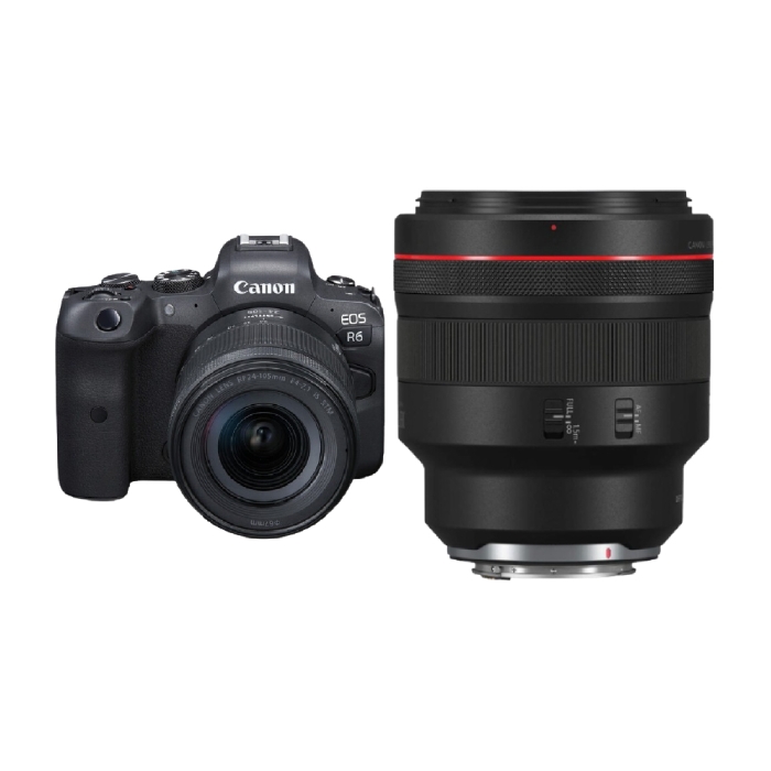 

Canon eos r6 mirrorless camera + 24-105mm lens + rf 85mm f/1. 2l usm ds lens