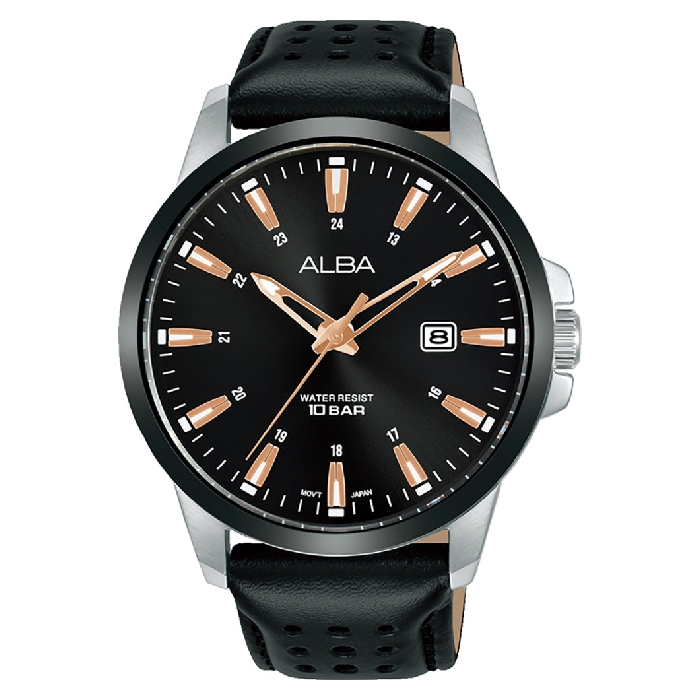 

Alba active watch for men, analog, leather band, 43mm, as9q63x1 - black