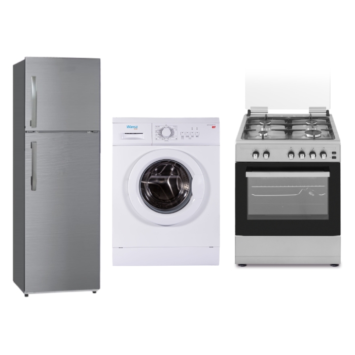 

Wansa gas cooker + wansa top freezer refrigerator + wansa front load washing machine