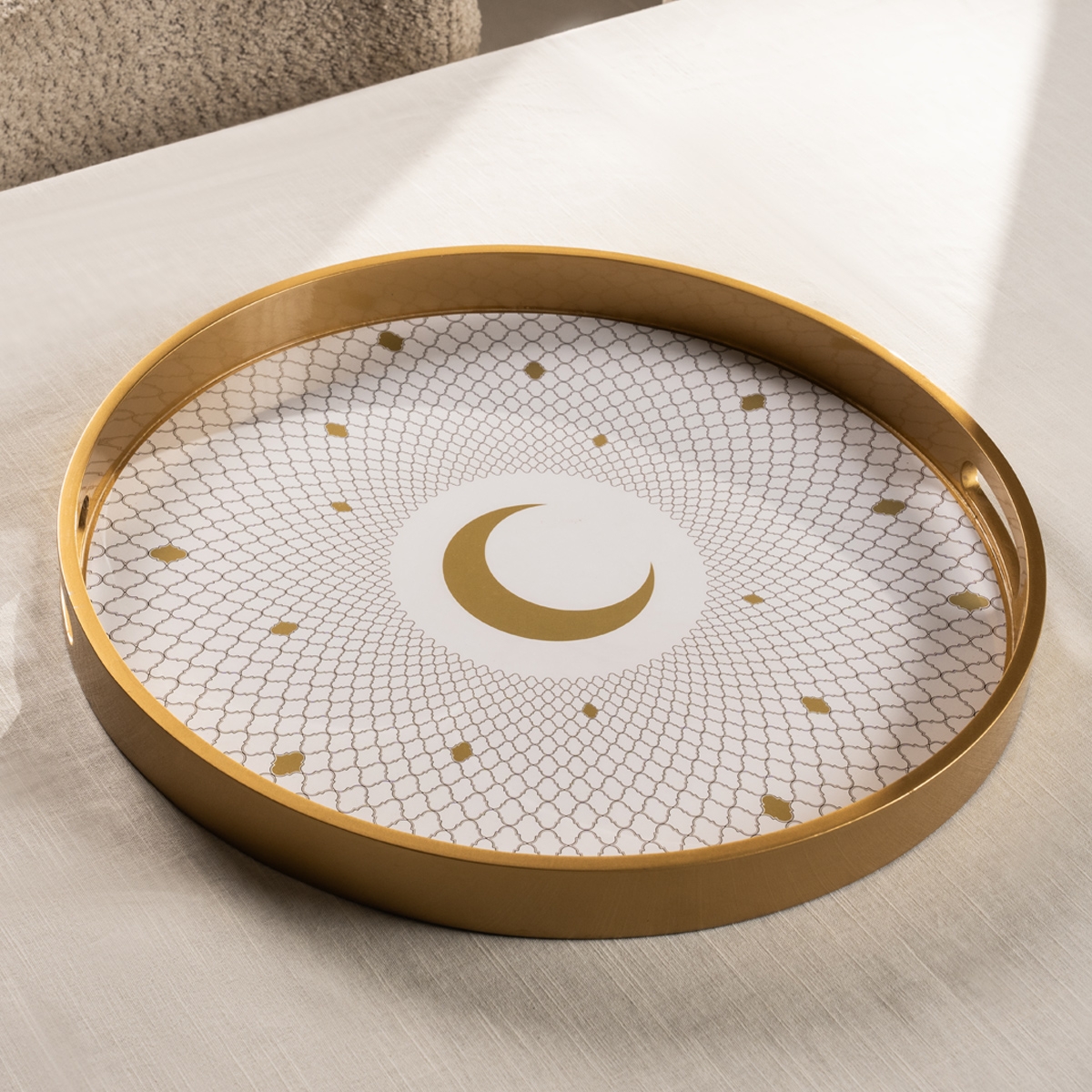 Buy Barakah wood round tray gold 45x4 cm in Kuwait