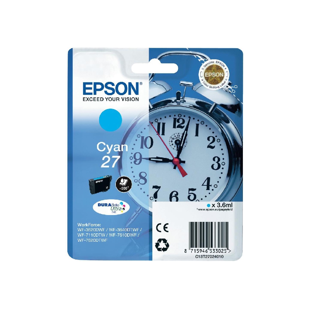 

Epson singlepack cyan 27 durab rite ultra ink, c13t27024010 - cyan