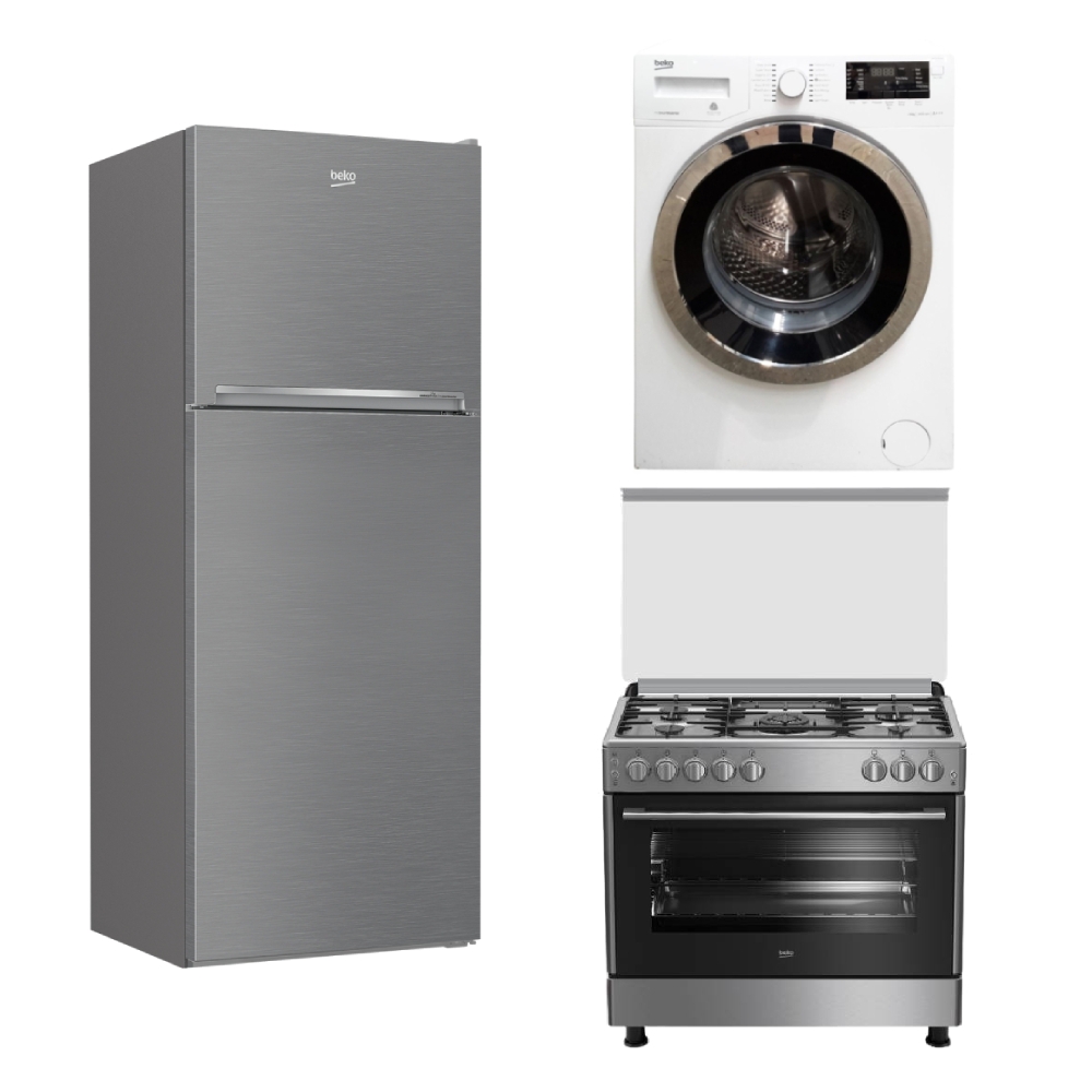 

Beko gas cooker + beko top freezer refrigerator + beko washing machine