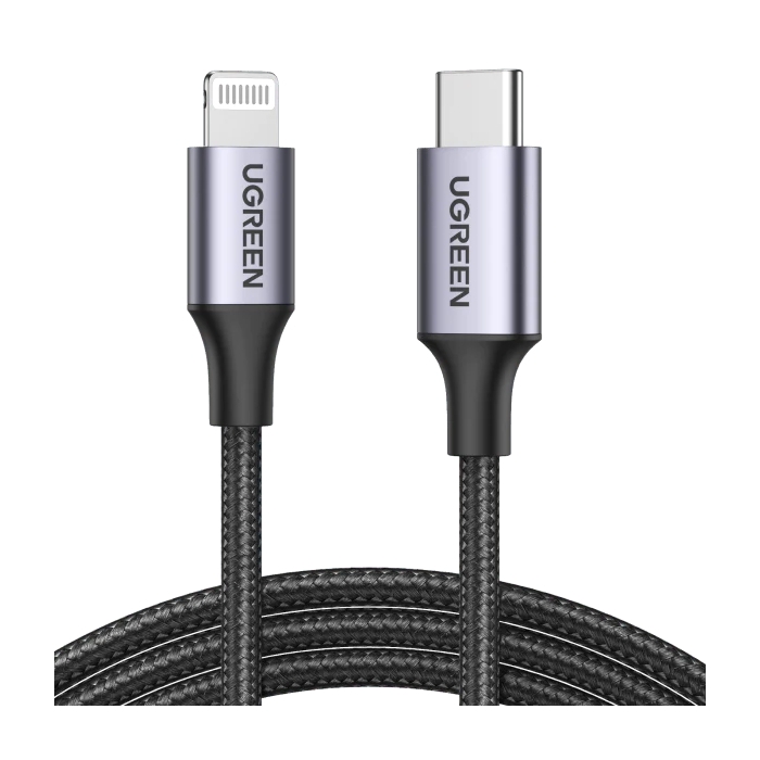 Buy Ugreen aluminum shell braided usb-c to lightening cable, 1m, 60759 – black in Saudi Arabia