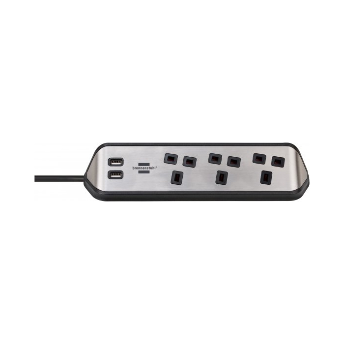 Buy Brennenstuhl 3 sockets power extension, 2m, 2 usb ports, 1153593410 - silver/ black in Kuwait