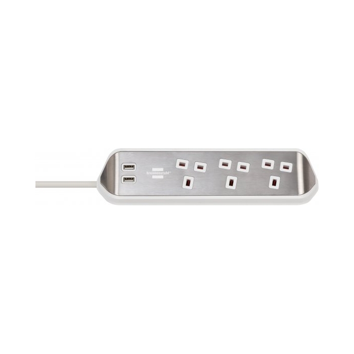 Buy Brennenstuhl 3 sockets power extension, 2m, 2 usb ports, 1153593420 - silver/ white in Kuwait