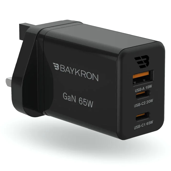 

Baykron premium gan ultra fast wall charger, 65w, 3 ports, uk plug, ba-wc-004 - black