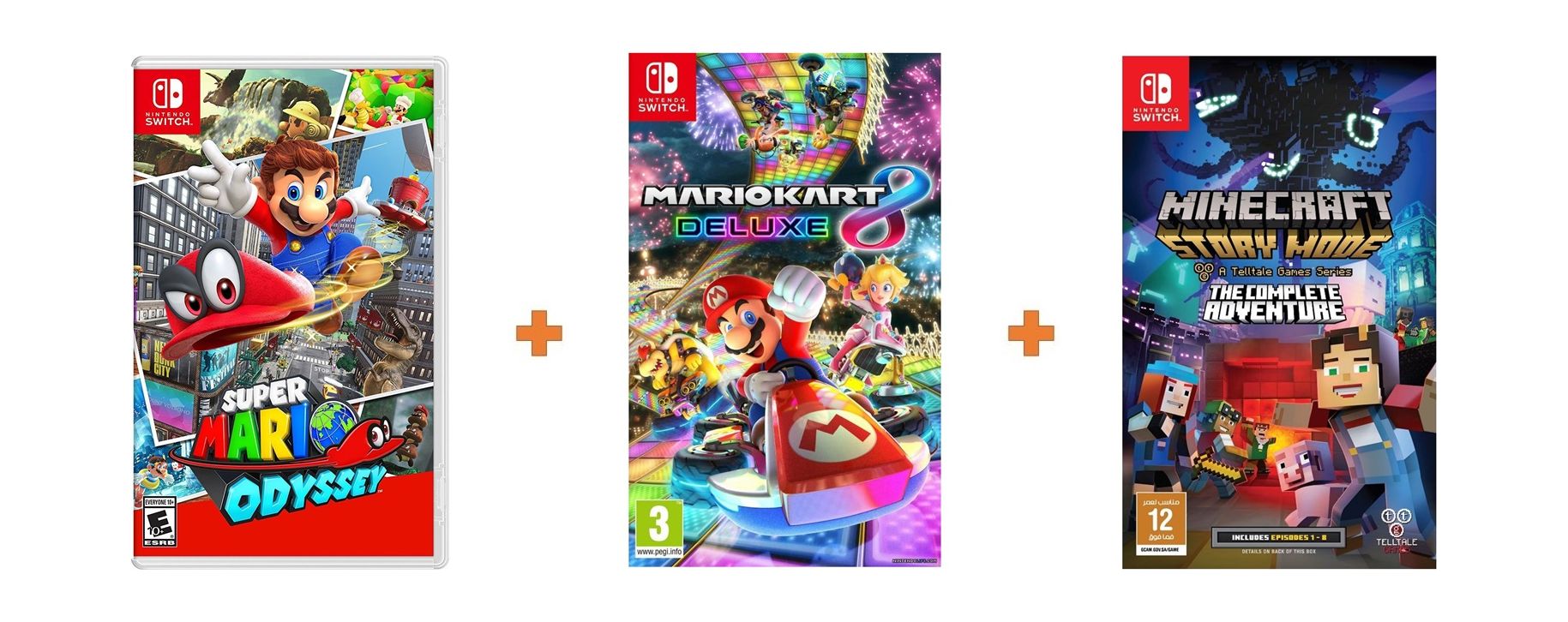 Mario kart 8 deluxe + minecraft story mode the complete adventure + super mario odyssey...