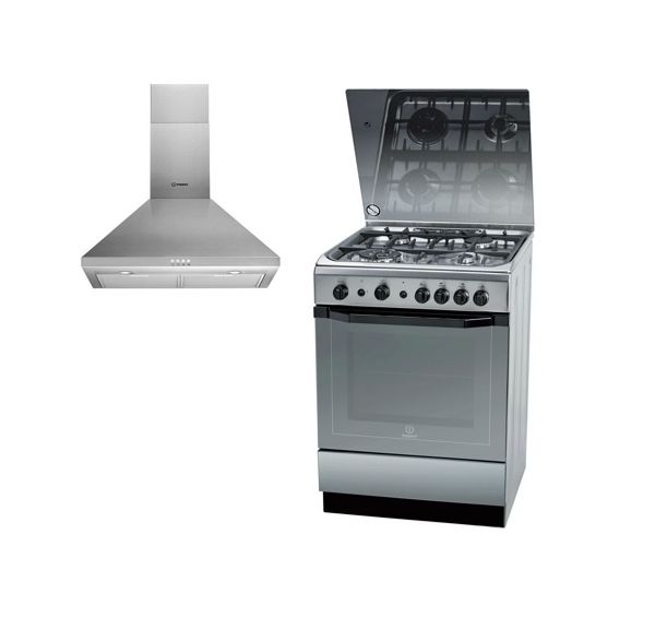 

Indesit 60x60 cm 4-burner free standing gas cooker + chimney type cooker hood