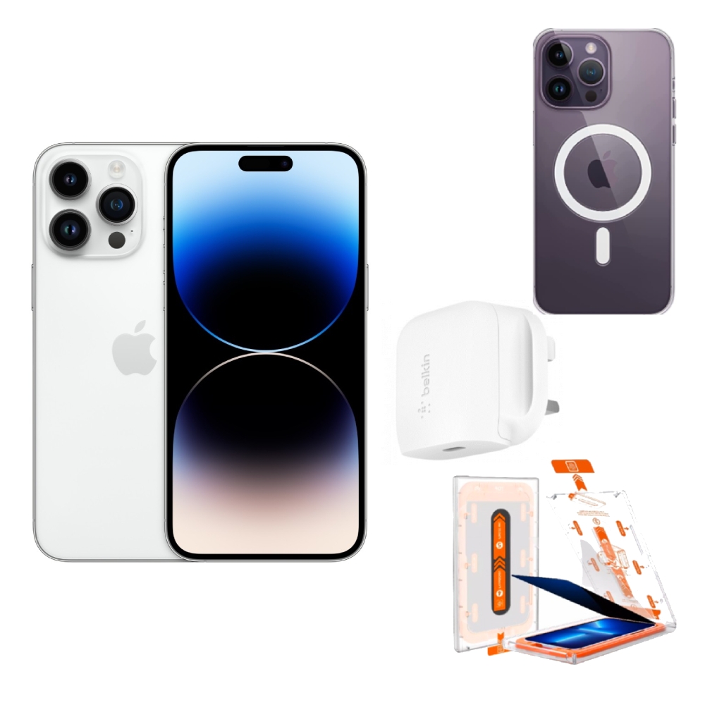 

Apple iphone 14 pro max 5g 256gb - silver + eq screen protector & applicator - clea...