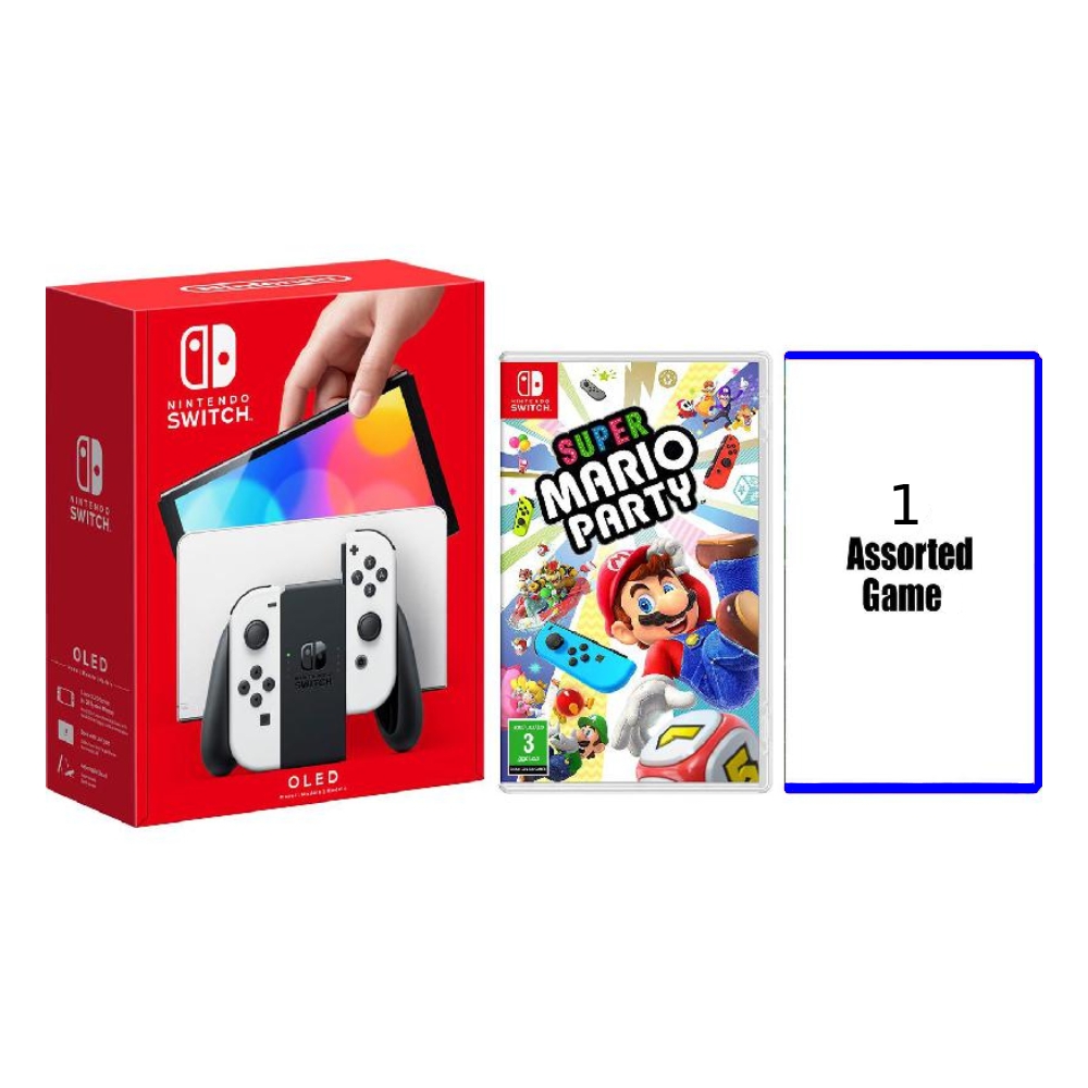 

Nintendo switch oled 64gb console - white + mario party + 1 assorted game