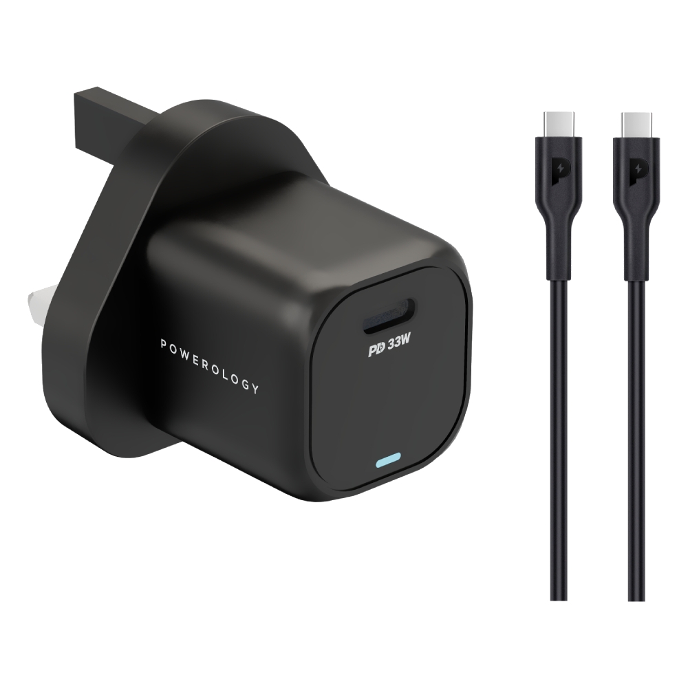 

Powerology 33w gan pd charger + usb-c to usb-c 1. 2m cable - black