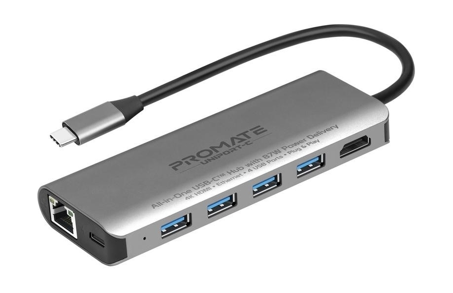 Promate uniport-c 87w all-in-one usb-c hub - grey