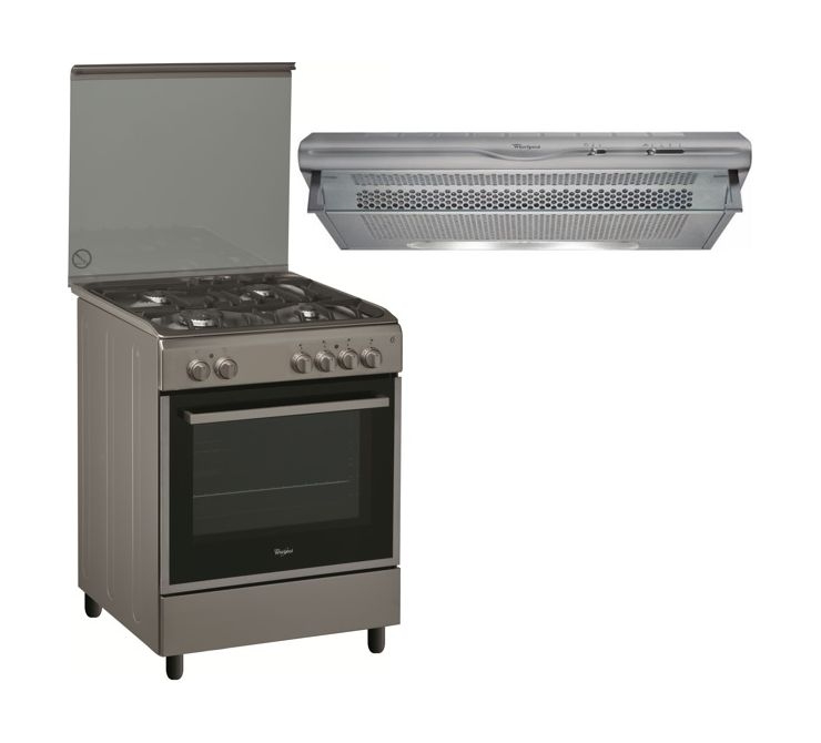 

Whirlpool 60x60 cm 4 burners floor standing gas cooker + whirlpool 60cm cooker hood