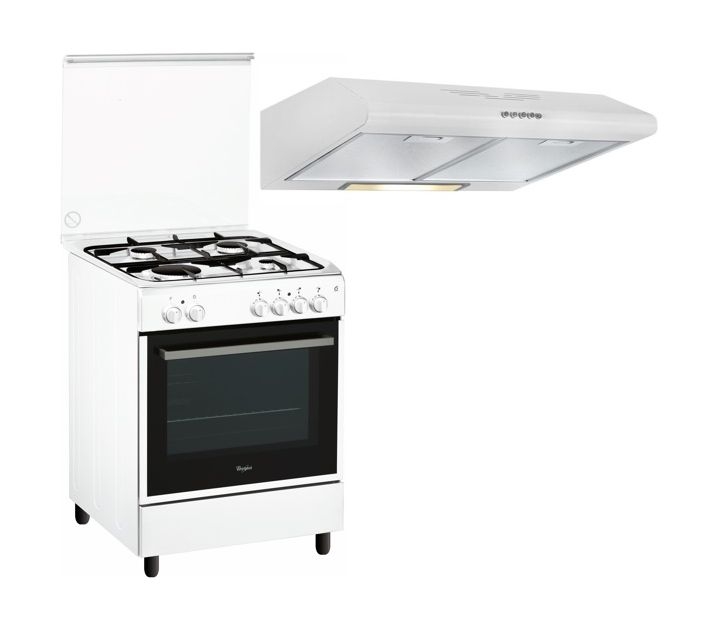 Whirlpool 60x60cm 4 burners floor standing gas cooker + wansa 60cm built under cooker hood