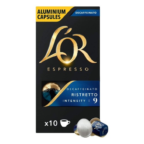 L'OR Espresso 9 Ristretto Decafinato 10  Capsules box with milk and espresso capsule