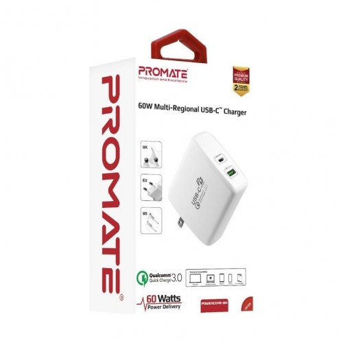 Promate PowerCore-60 Multi-Regional USB-C Quick Charge - White