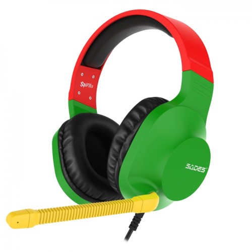 Sades Spirits SA721 Gaming Headset Rasta 50mm Speakers Controls on Left Earcup Flexible Microphone 