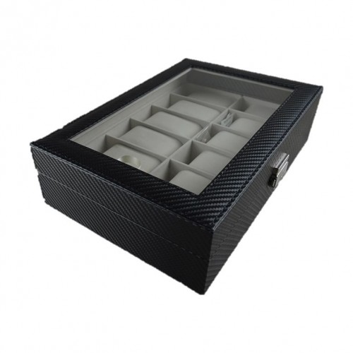 Storage Box for Watches 12 Pillows 30x20x8 CM (WBCF-12) - Carbon Fiber