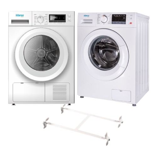 Wansa Gold 8kg Front Load Washing Machine - White + Wansa Gold Condenser Dryer 8KG (WGFCD807WHT-C10) + Wansa Washer and Dryer Stacking Unit - Stainless Steel 