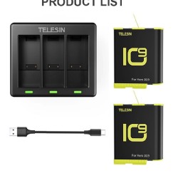 TELESIN 3 Slots Battery Charger With 2 Pcs Full Decoded Batteries Set for Gopro Hero 9/10, GP-BTR-903-B