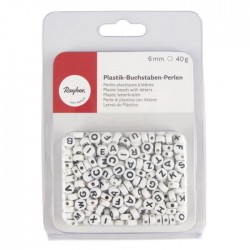 Plastic beads with. letters, 6mm , white, blister pack 40g