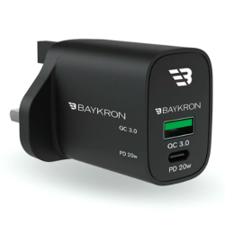 Bakyron Fast Charging Dual Port Wall Charger 20W, Black