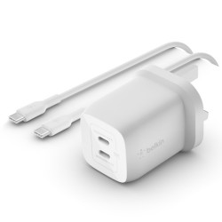 Belkin Dual USB-C GaN Wall Charger 65W Cable 2m White