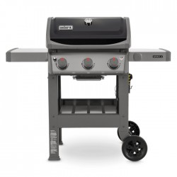 Weber Gas Grill grey black 2 wheels side tables front view
