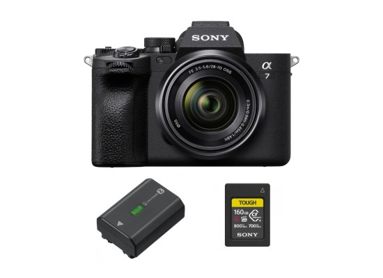 Sony Alpha 7 IV full-frame interchangeable lens camera with 28-70mm Zoom Lens product front view with accessories