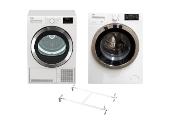 Beko 9 kg Front Loading Freestanding Condensation Dryer (DCY9316W) – White + Beko 9KG Front Load Washer - White (WX943440W/1) + Wansa Washer and Dryer Stacking Unit - Stainless Steel 