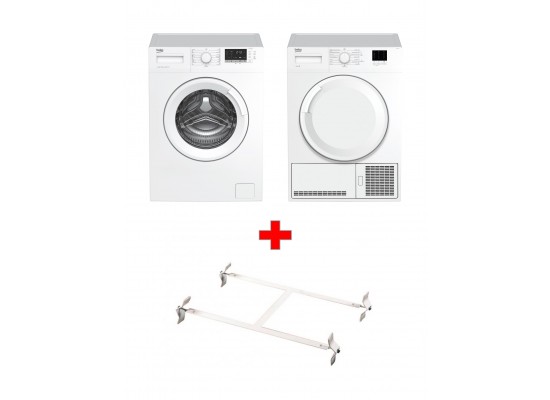 Wansa Washer and Dryer Stacking Unit - Stainless Steel + Beko 7kg Front Load Washing Machine - WTV7612BW + Beko 7KG Front Loading Freestanding Condenser Dryer (DTGC7000W) - White