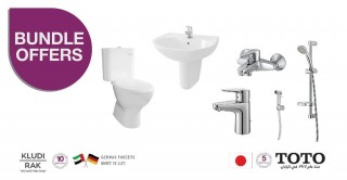 Package of TOTO W.C & WASH BASIN with Basin Mixer,Bath Mixer,Shower Set & Shattaf from KLUDI RAK