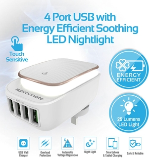 Promate Portable LED Night Light 4 USB Ports Wall Charger